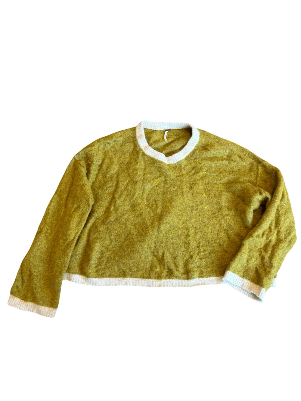 Free People Serendipity V-Neck Fuzzy Sweater Unique Green Boxy Cropped Sz Large